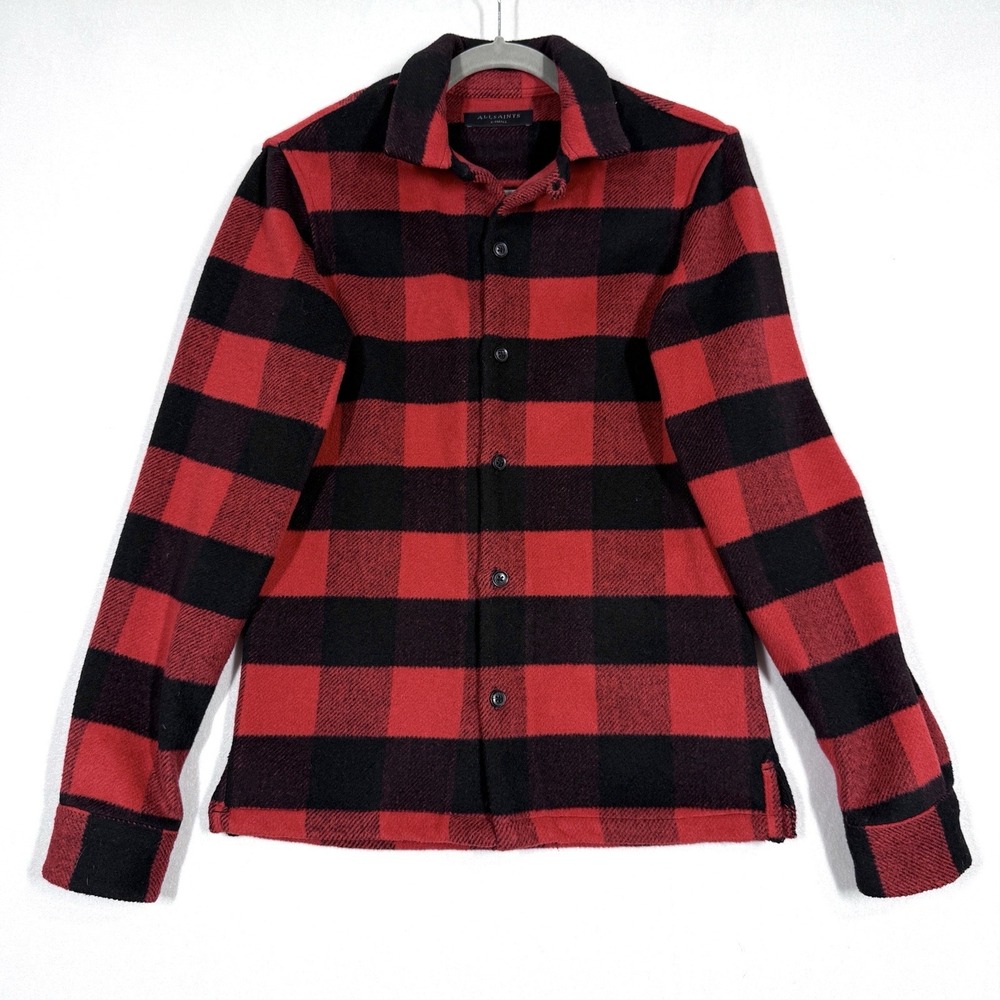 All Saints Shirt Mens XS Drytown Loop Collar Wool Blend Flannel Plaid Shacket